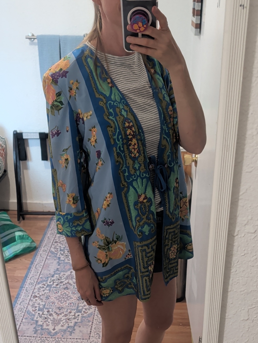 Vintage Howard Wolf Light Blue Floral & Scroll Print Kimono
